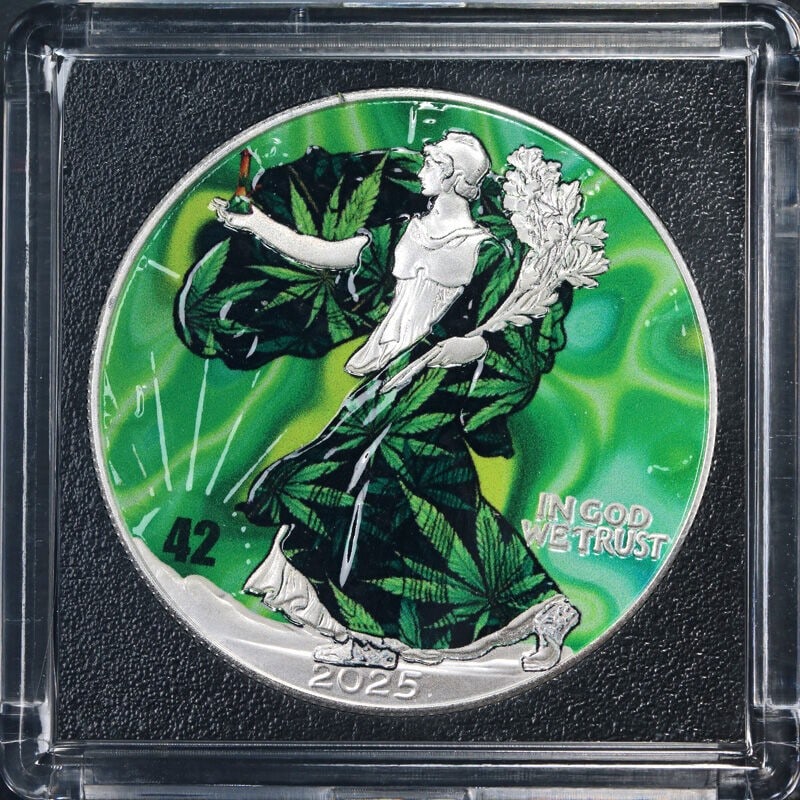 2025 $1 Silver American Eagle High Flying Edition 420 OGP: 2025 $1 Silver American Eagle High Flying Edition 420 OGP Original 2025 Silver American Eagle $1 High Flying Edition 420 OGP stock coin with strong eye appeal, fantastic luster, and a strong strike. T
