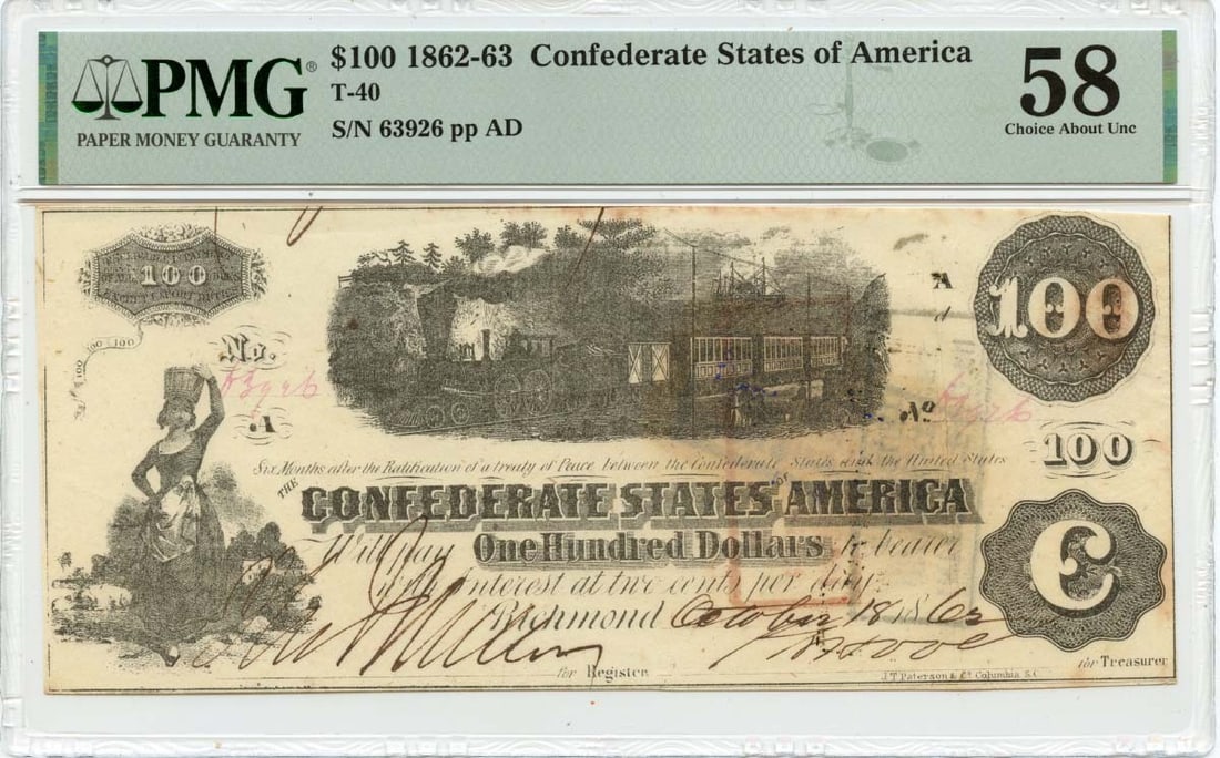 PMG AU58 1862 Confederate States of America 100 Dollar Note T-40: PMG AU58 1862 Confederate States of America 100 Dollar Note T-40 1862 Confederate States of America T-40 $100 note graded PMG AU58. This pre-owned note is listed as circulated and includes PMG certifi