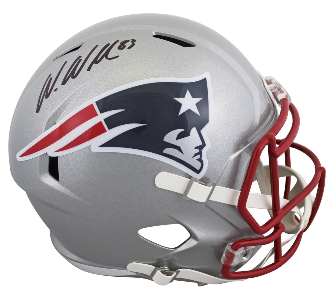 Wes Welker signed Patriots full size speed replica helmet JSA witness: Wes Welker signed Patriots full size speed replica helmet JSA witness This full-size Speed replica helmet features an authentic signature from Wes Welker of the New England Patriots. The helmet is han