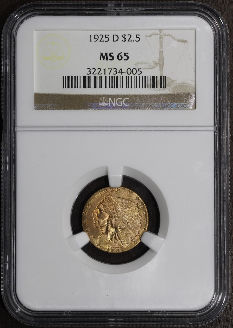 NGC MS65 1925-D $2.50 Indian Head Gold Quarter Eagle: NGC MS65 1925-D $2.50 Indian Head Gold Quarter Eagle Pre-owned 1925-D Indian Head Gold Quarter Eagle $2.50 coin graded MS65 by NGC. This United States gold coin was minted in Denver and features a 0.9
