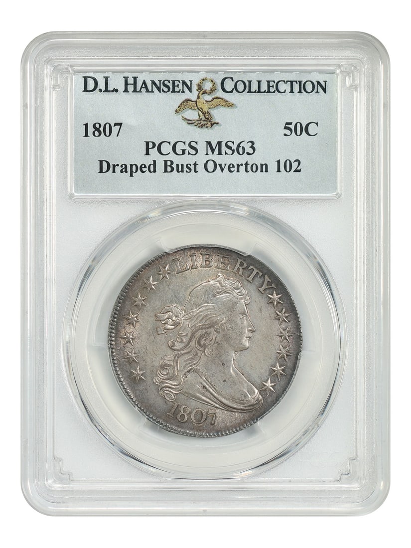 PCGS MS63 1807 Draped Bust Half Dollar Overton-102 ex D.L. Hansen: PCGS MS63 1807 Draped Bust Half Dollar Overton-102 ex D.L. Hansen 1807 Draped Bust Half Dollar certified PCGS MS63, Overton-102, ex: D.L. Hansen. This piece represents the sole finest known example of