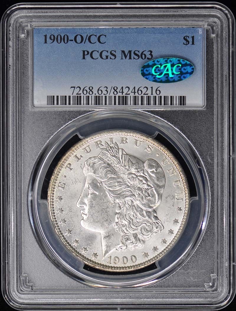 1900-O/CC Morgan Dollar PCGS MS63 CAC Certified Coin: 1900-O/CC Morgan Dollar PCGS MS63 CAC Certified Coin This 1900-O/CC Morgan Dollar is certified by PCGS with a grade of MS63, indicating an uncirculated condition. Struck in Philadelphia, this coin fea