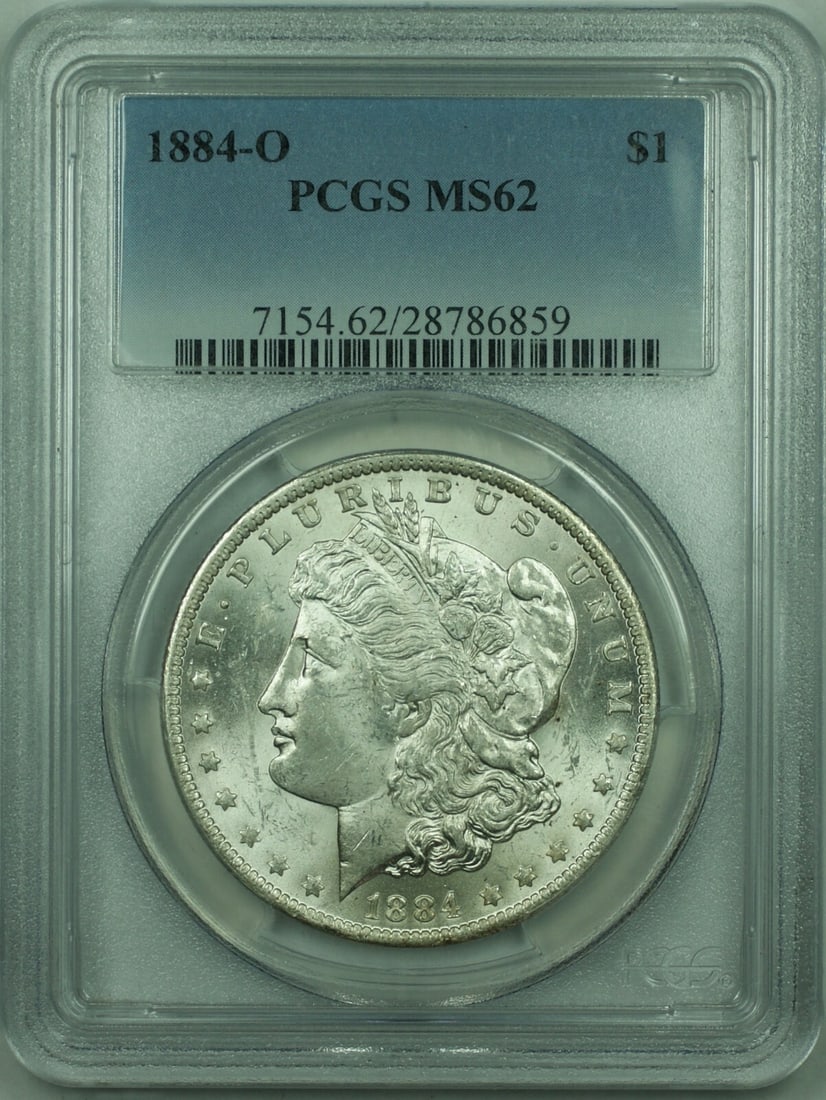 PCGS MS62 1884-O Morgan Silver Dollar New Orleans Mint Certified $1 Coin: PCGS MS62 1884-O Morgan Silver Dollar New Orleans Mint Certified $1 Coin This is an 1884-O Morgan Silver Dollar from the New Orleans Mint, graded MS-62 by PCGS. The coin is uncirculated and is compose