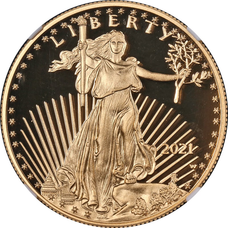 NGC PF70 2021-W $50 Gold Eagle Type 1 Mike Castle Label Coin: NGC PF70 2021-W $50 Gold Eagle Type 1 Mike Castle Label Coin This is a 2021-W Gold American Eagle $50 Type 1 coin, certified by NGC with a PF70 Ultra Cameo (UCAM) grade and featuring the Mike Castle L