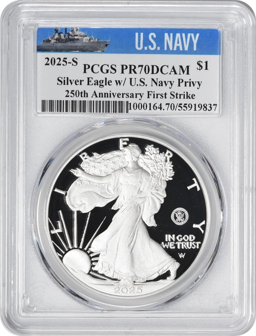 2025-S PCGS PR70DCAM First Strike Navy Privy Silver Eagle 1 oz: 2025-S PCGS PR70DCAM First Strike Navy Privy Silver Eagle 1 oz This is a 2025-S American Silver Eagle featuring the Navy Privy mark in honor of the 250th anniversary. The coin is graded PR70DCAM First
