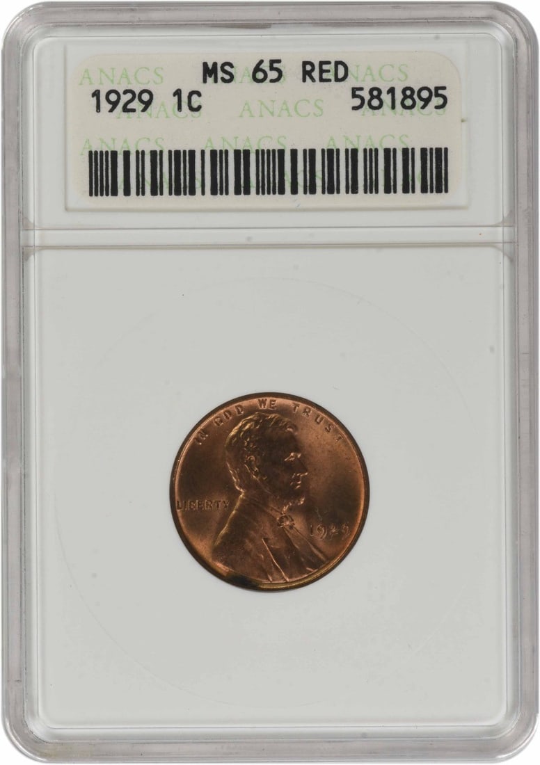 1929 Lincoln Wheat Cent Copper MS65RD ANACS Certified Uncirculated: 1929 Lincoln Wheat Cent Copper MS65RD ANACS Certified Uncirculated This 1929 Lincoln Wheat Cent is graded MS65 Red by ANACS, indicating a high-quality, uncirculated example. Struck in copper, this sma