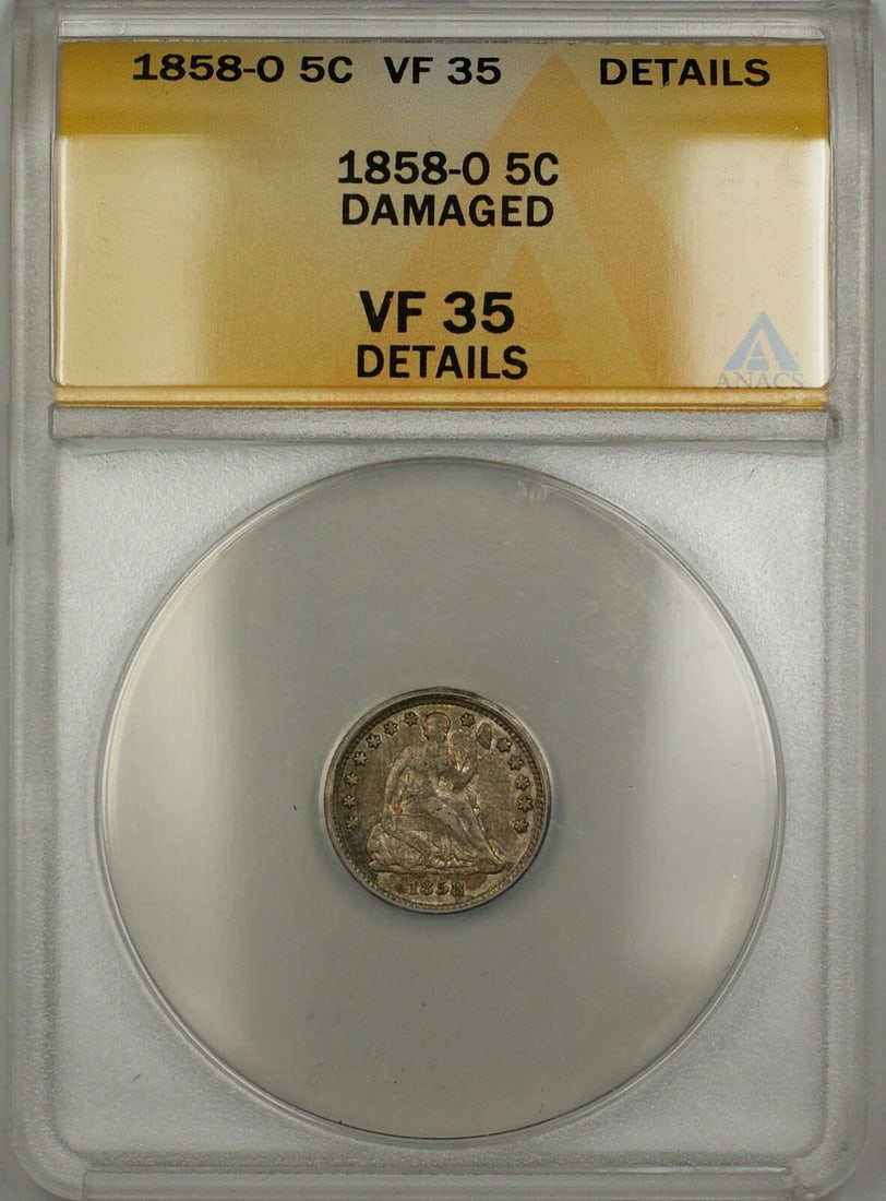 1858-O New Orleans Silver Half Dime ANACS VF-35 Details Damaged (1 of 2)