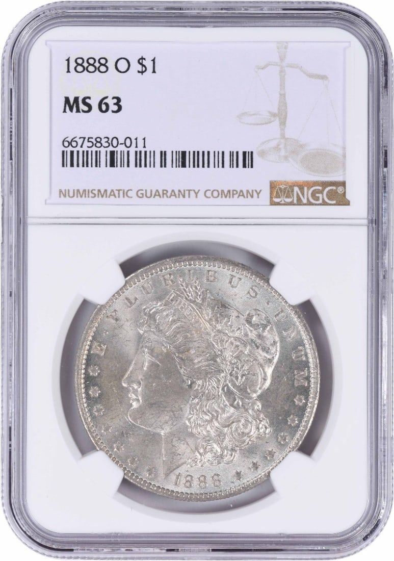 MS63 NGC Certified 1888-O One Dollar Morgan Silver Coin: MS63 NGC Certified 1888-O One Dollar Morgan Silver Coin This 1888-O Morgan Silver Dollar is an uncirculated coin certified by NGC with a grade of MS63. Struck at the New Orleans Mint, it is composed o