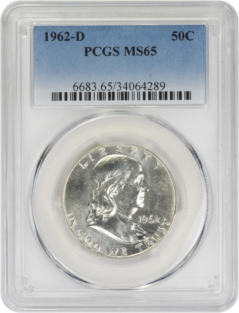 1962-D Franklin Half Dollar MS65 PCGS Uncirculated 90% Silver Coin: 1962-D Franklin Half Dollar MS65 PCGS Uncirculated 90% Silver Coin This 1962-D Franklin Half Dollar features a stunning uncirculated finish and is certified by PCGS with a grade of MS65. Minted in Den