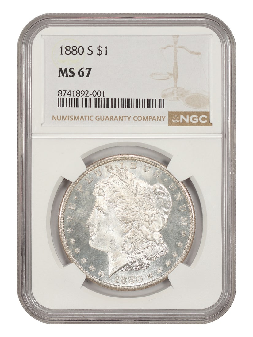 NGC MS67 1880 S Morgan Silver Dollar $1 Uncirculated: NGC MS67 1880 S Morgan Silver Dollar $1 Uncirculated 1880-S Morgan Dollar certified by NGC in MS67. This uncirculated example is described as a flashy piece, and the 1880-S issue is noted as a popular