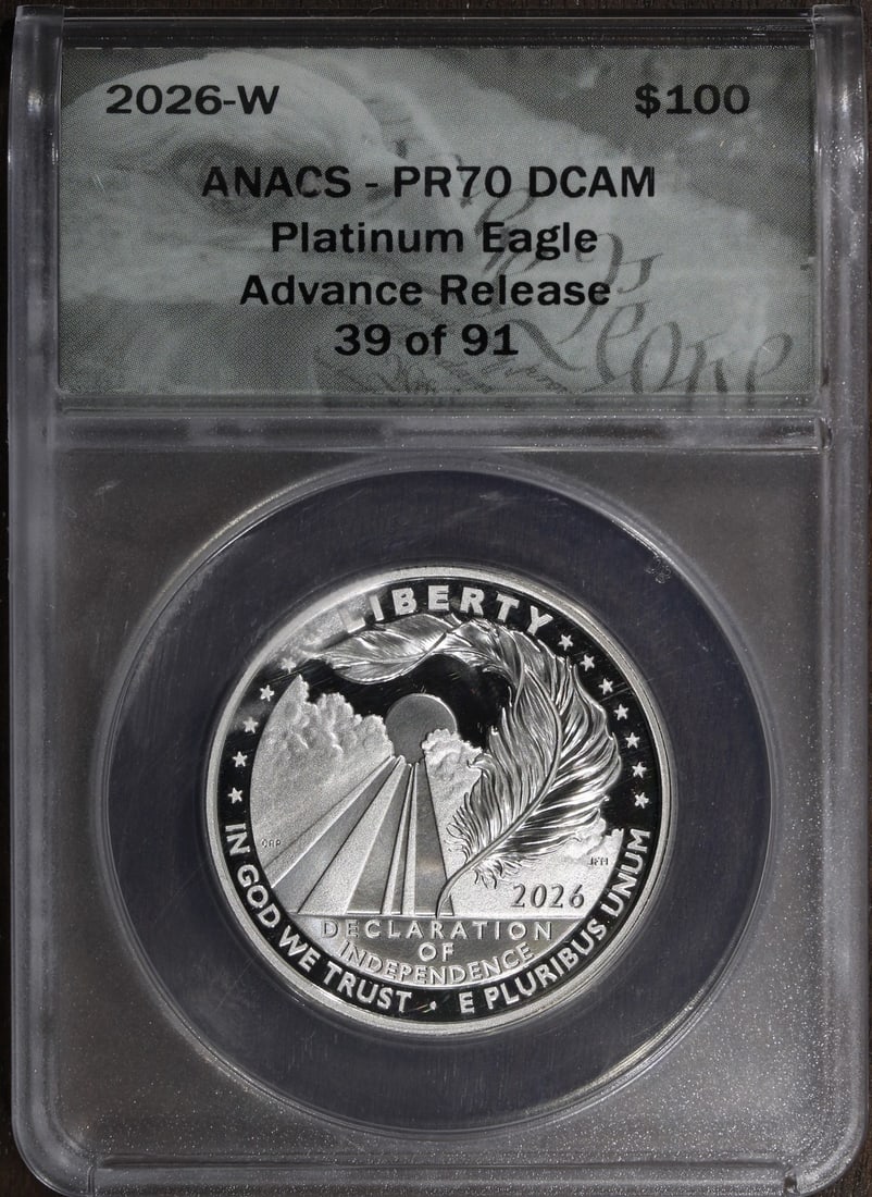 2026 W Platinum Proof American Eagle 1 oz ANACS PR70 DCAM $100: 2026 W Platinum Proof American Eagle 1 oz ANACS PR70 DCAM $100 This 2026 American Eagle $100 coin features the Statue of Liberty design and is struck in 1 oz of .999 fine platinum. Graded PR70 Deep Ca