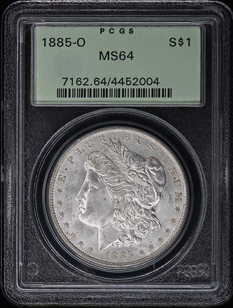 PCGS MS64 1885-O Morgan Silver Dollar: PCGS MS64 1885-O Morgan Silver Dollar This is an 1885-O Morgan Dollar graded MS64 by PCGS. The coin is uncirculated and was minted in New Orleans. It is a pre-owned piece from the United States, featu