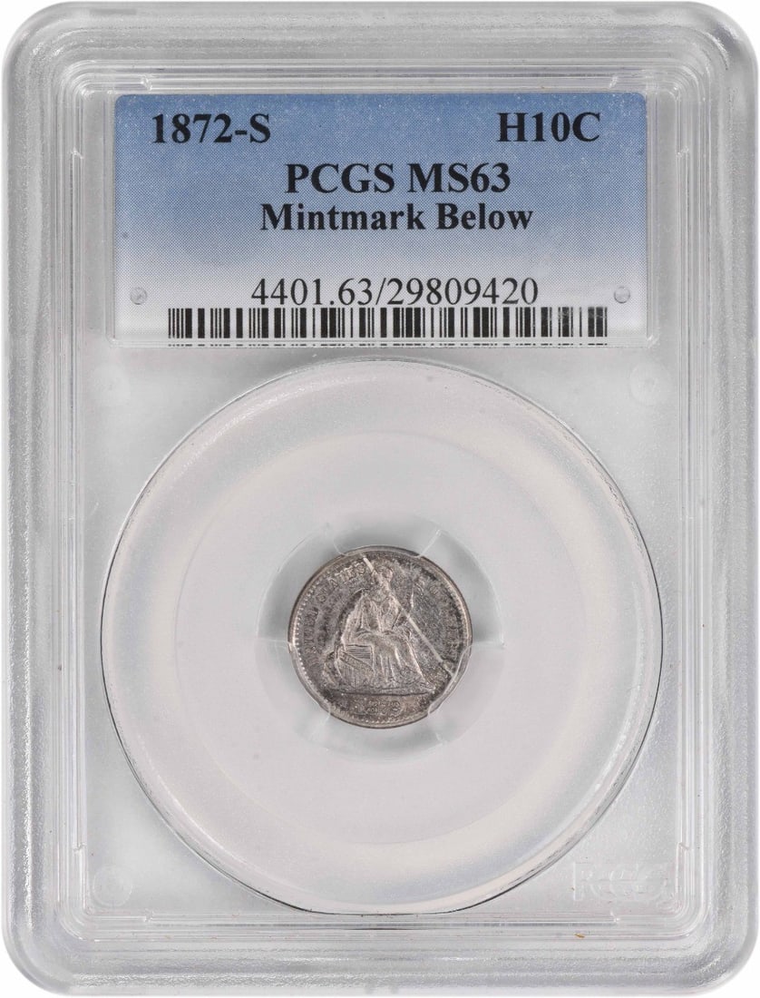 1872-S Liberty Seated Half Dime MS63 PCGS Uncirculated Silver Coin: 1872-S Liberty Seated Half Dime MS63 PCGS Uncirculated Silver Coin This 1872-S Liberty Seated Silver Half Dime features a mintmark below and is graded MS63 by PCGS. The coin, designed by Christian Gob