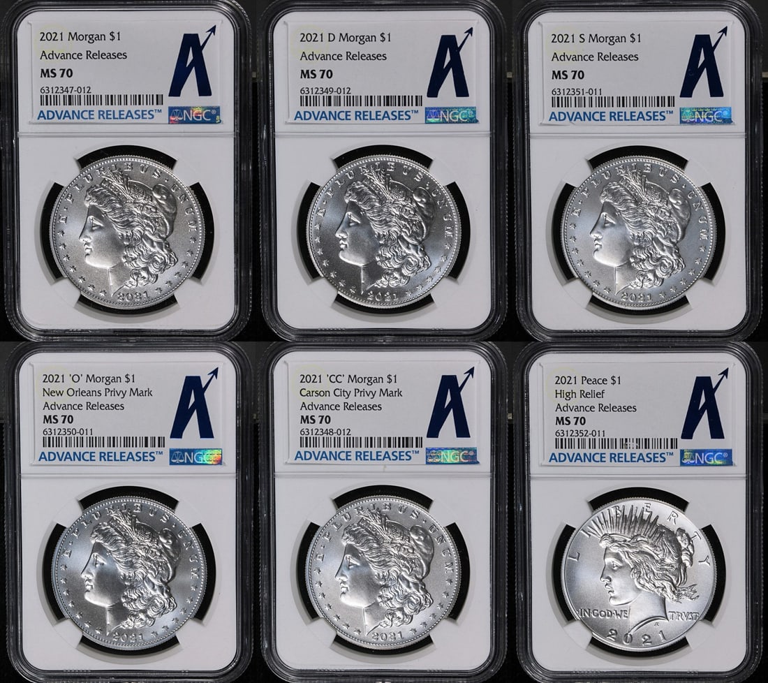 NGC MS70 Advance Releases 2021 Morgan Peace Silver Dollar 6 Coin Set: NGC MS70 Advance Releases 2021 Morgan Peace Silver Dollar 6 Coin Set Original 2021 Morgan and Peace Silver Dollar 6-coin set, certified by NGC and graded MS70 with the Advance Releases label. This unc