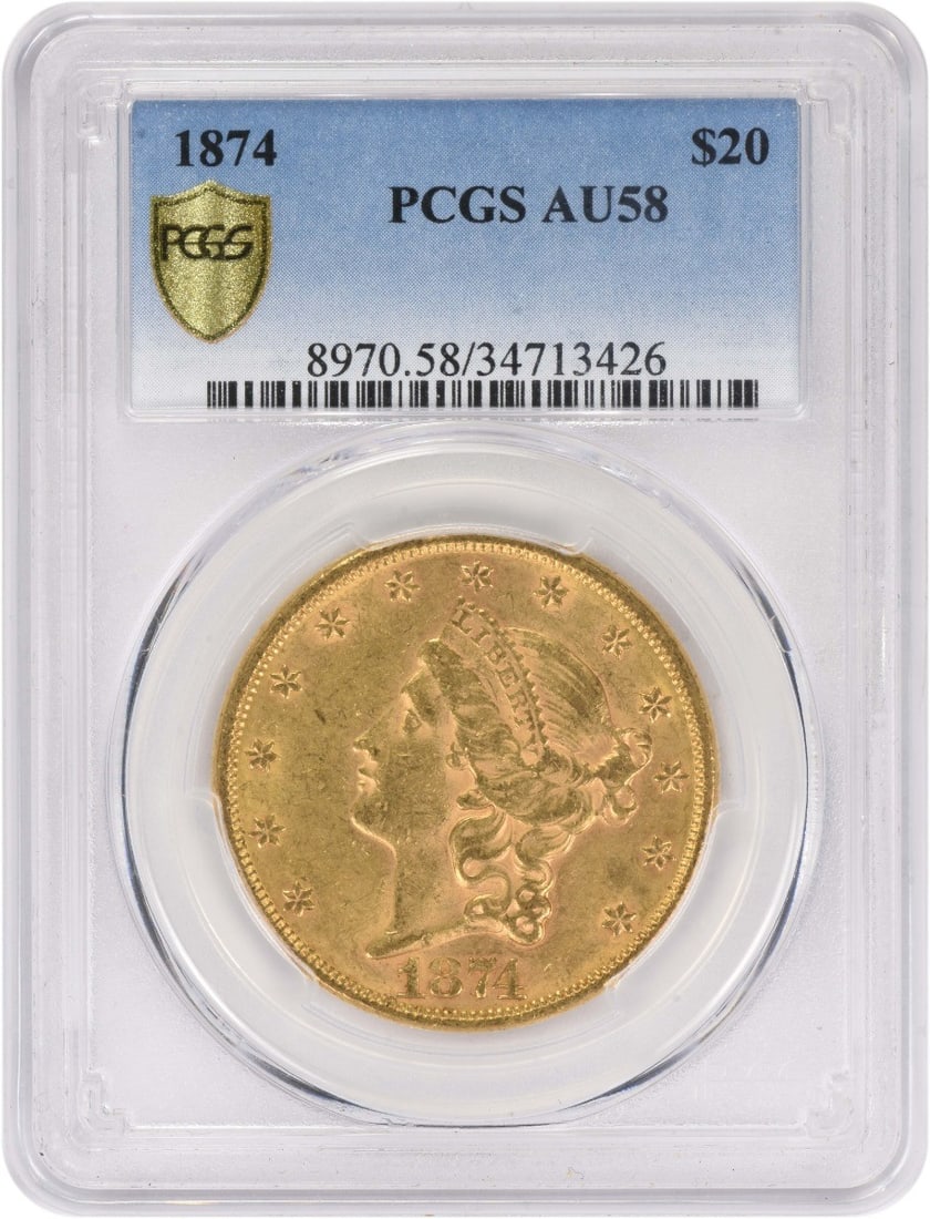 1874 Liberty Head $20 Gold Coin PCGS AU58 Philadelphia Mint: 1874 Liberty Head $20 Gold Coin PCGS AU58 Philadelphia Mint This 1874 $20 Gold Liberty Head coin, graded AU58 by PCGS, was minted in Philadelphia. Designed by James Barton Longacre, it features a comp