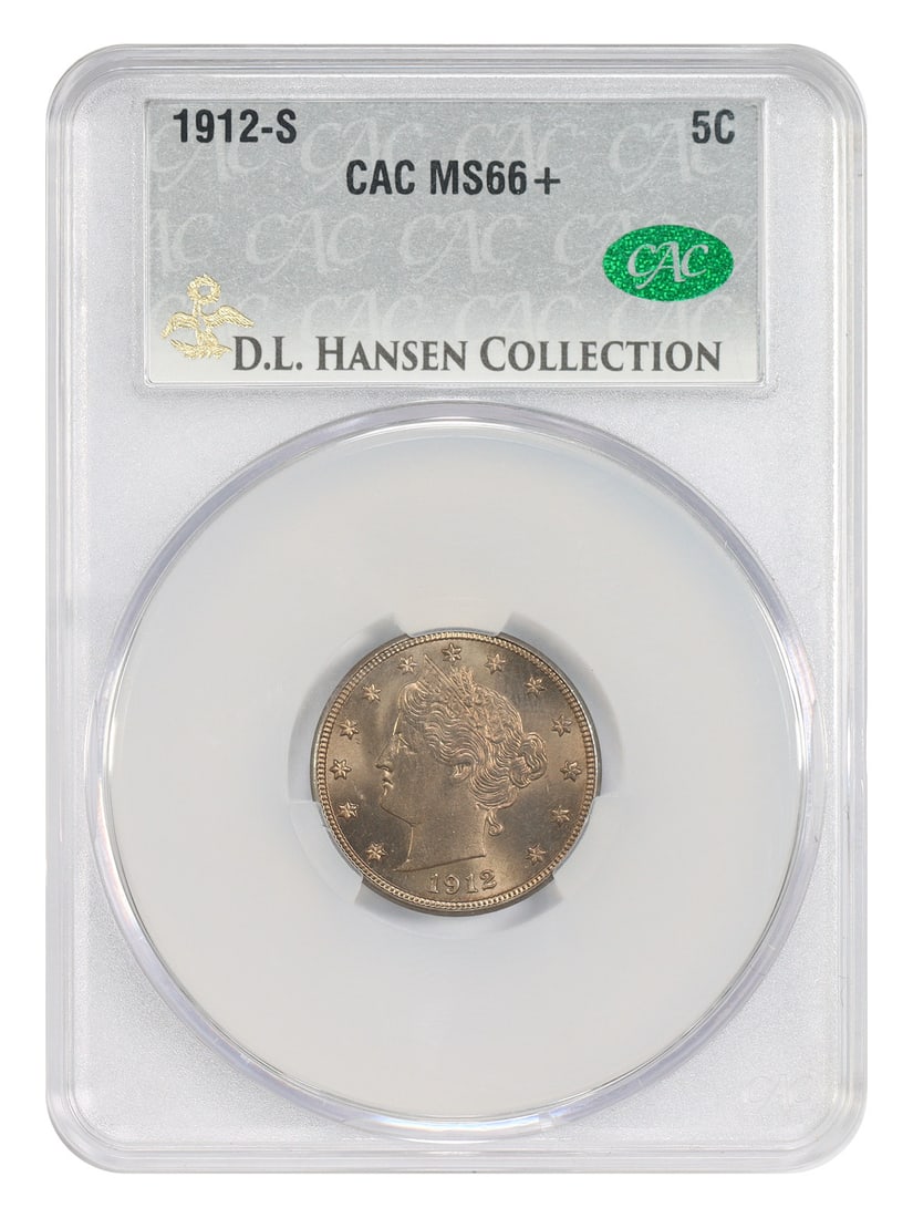 CACG MS66+ 1912-S Liberty Nickel 5C ex D.L. Hansen: CACG MS66+ 1912-S Liberty Nickel 5C ex D.L. Hansen 1912-S Liberty Nickel certified by CACG in MS66+ grade and noted ex: D.L. Hansen. Tied with just ten for the finest known, this uncirculated key-date