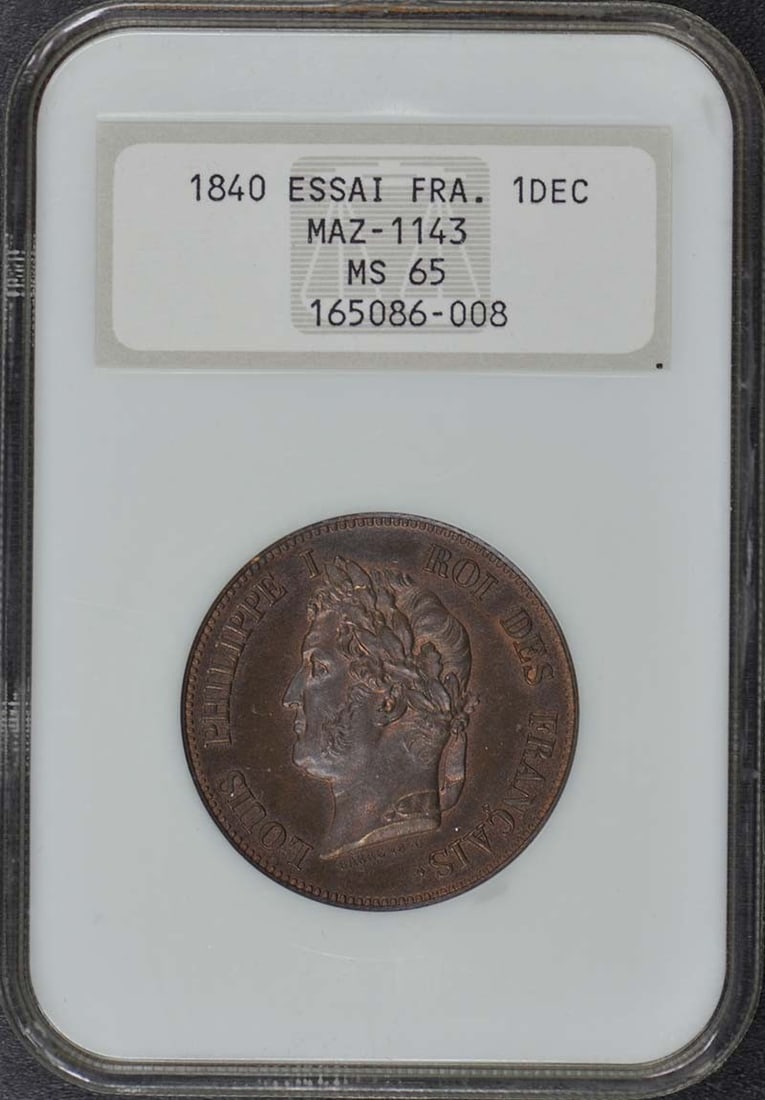 1840 France Essai 1DEC Coin NGC MS65 Uncirculated: 1840 France Essai 1DEC Coin NGC MS65 Uncirculated This stunning 1840 France Essai 1DEC coin is a remarkable collectible for numismatists. Graded as MS65 by NGC, this uncirculated specimen showcases ex