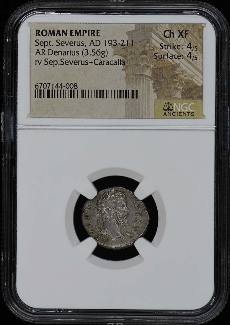 Roman AR Denarius Coin NGC Ch XF Septimius Severus AD 193-211: Roman AR Denarius Coin NGC Ch XF Septimius Severus AD 193-211 This Roman Empire AR Denarius coin dates from the reign of Septimius Severus, AD 193-211. It has been certified and graded Choice Extremel