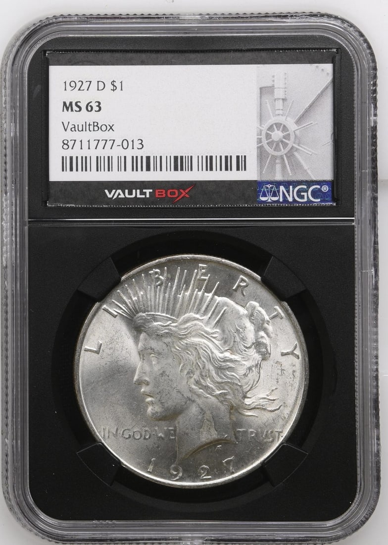 NGC MS63 1927-D Peace Dollar US Silver S$1 Coin: NGC MS63 1927-D Peace Dollar US Silver S$1 Coin 1927-D Peace Dollar certified by NGC and graded MS63. This uncirculated, pre-owned coin is a United States Peace Dollar with Denver mint origin. Specifi