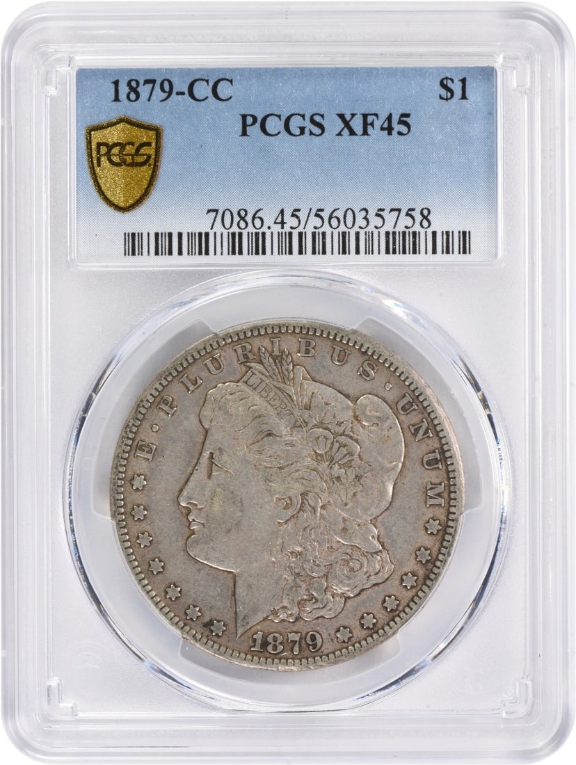 1879-CC Morgan Silver Dollar EF45 PCGS Coin 90% Silver: 1879-CC Morgan Silver Dollar EF45 PCGS Coin 90% Silver This 1879-CC Morgan Silver Dollar is a remarkable piece of numismatic history, graded EF45 by PCGS. Struck in Carson City, this coin features the