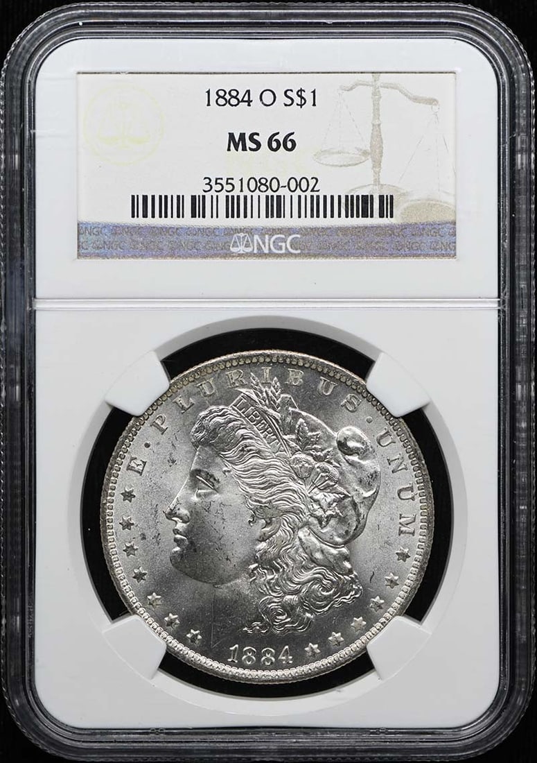 NGC MS66 1884 O Morgan Dollar US Silver Coin: NGC MS66 1884 O Morgan Dollar US Silver Coin 1884-O Morgan Dollar certified by NGC in MS66 grade. This pre-owned coin is listed as uncirculated and features the Morgan Dollar denomination from the Uni