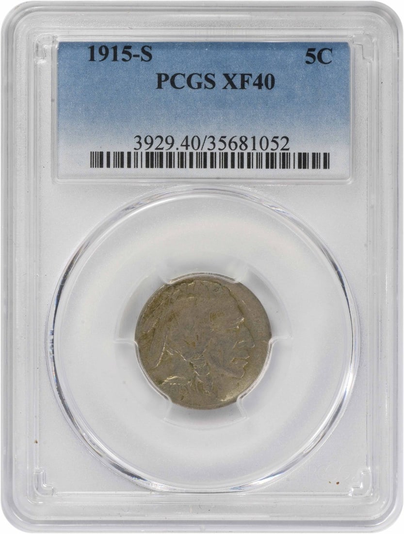 1915-S Buffalo Nickel EF40 PCGS Certified 5C Coin: 1915-S Buffalo Nickel EF40 PCGS Certified 5C Coin This 1915-S Buffalo Nickel is a beautiful representation of early 20th-century American coinage. Struck at the San Francisco mint, this coin features 