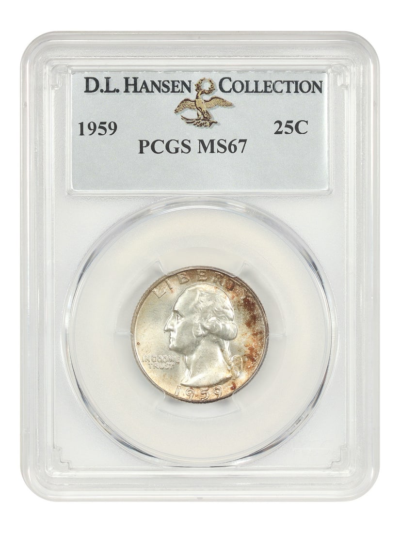 PCGS MS67 1959 Washington Quarter 25C ex D.L. Hansen: PCGS MS67 1959 Washington Quarter 25C ex D.L. Hansen 1959 Washington Quarter certified by PCGS as MS67. This uncirculated example is noted as ex: D.L. Hansen. While plentiful in terms of mintage numbe