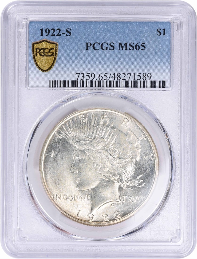 PCGS MS65 1922-S Peace Silver Dollar: PCGS MS65 1922-S Peace Silver Dollar This is a 1922-S Peace Silver Dollar graded MS65 by PCGS. The coin is uncirculated and features the 'S' mint mark, indicating it was struck at the San Francisco Mi