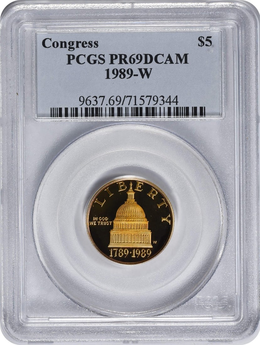 PCGS PR69DCAM 1989-W Congress $5 Gold Proof Coin: PCGS PR69DCAM 1989-W Congress $5 Gold Proof Coin This 1989-W Congress $5 Gold Commemorative coin is a proof strike graded PR69DCAM by PCGS. Struck in gold at the West Point Mint, it features a design 