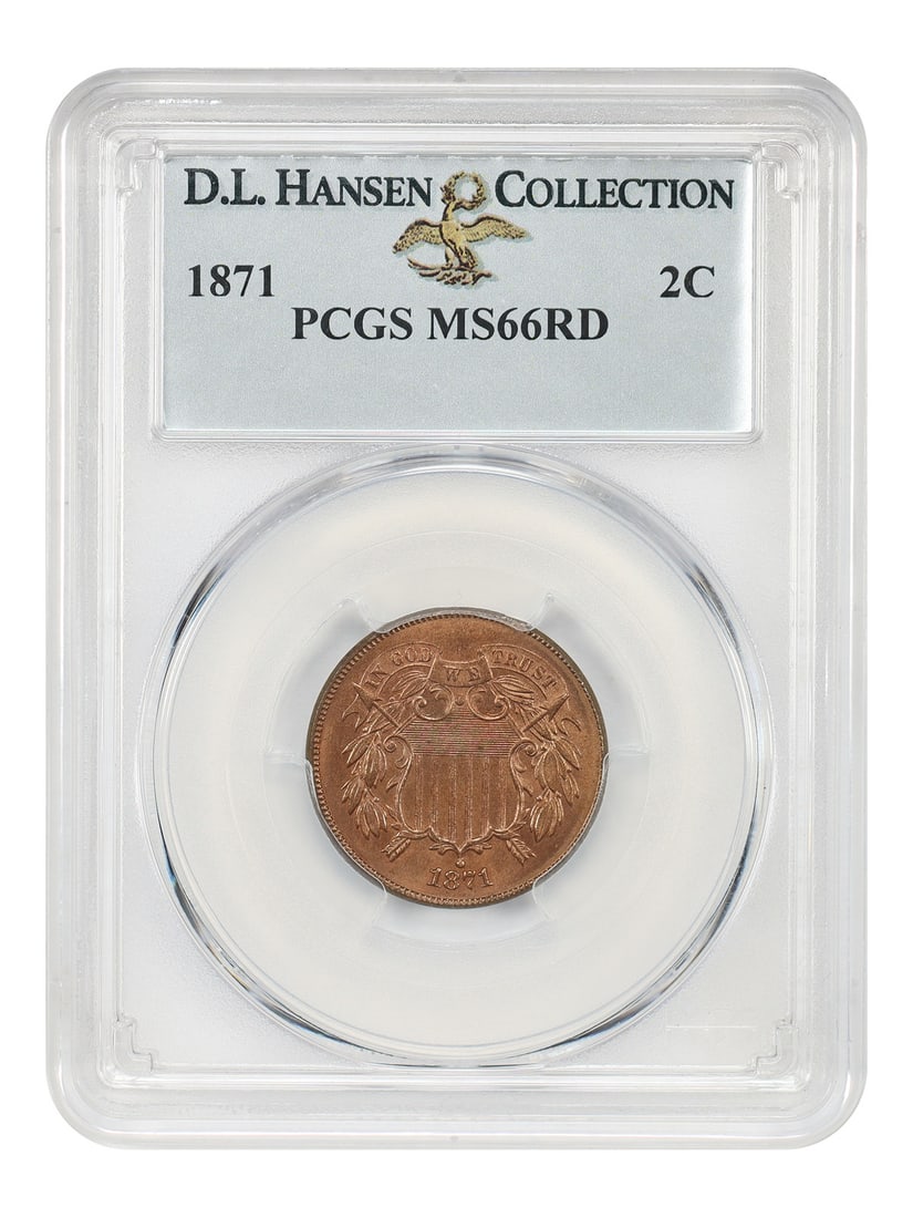 PCGS MS66RD 1871 Two Cent Coin ex D.L. Hansen: PCGS MS66RD 1871 Two Cent Coin ex D.L. Hansen 1871 Two Cent piece certified by PCGS in MS66RD. A lower mintage issue with only 721,250 coins minted, this example ties with eleven others across the maj