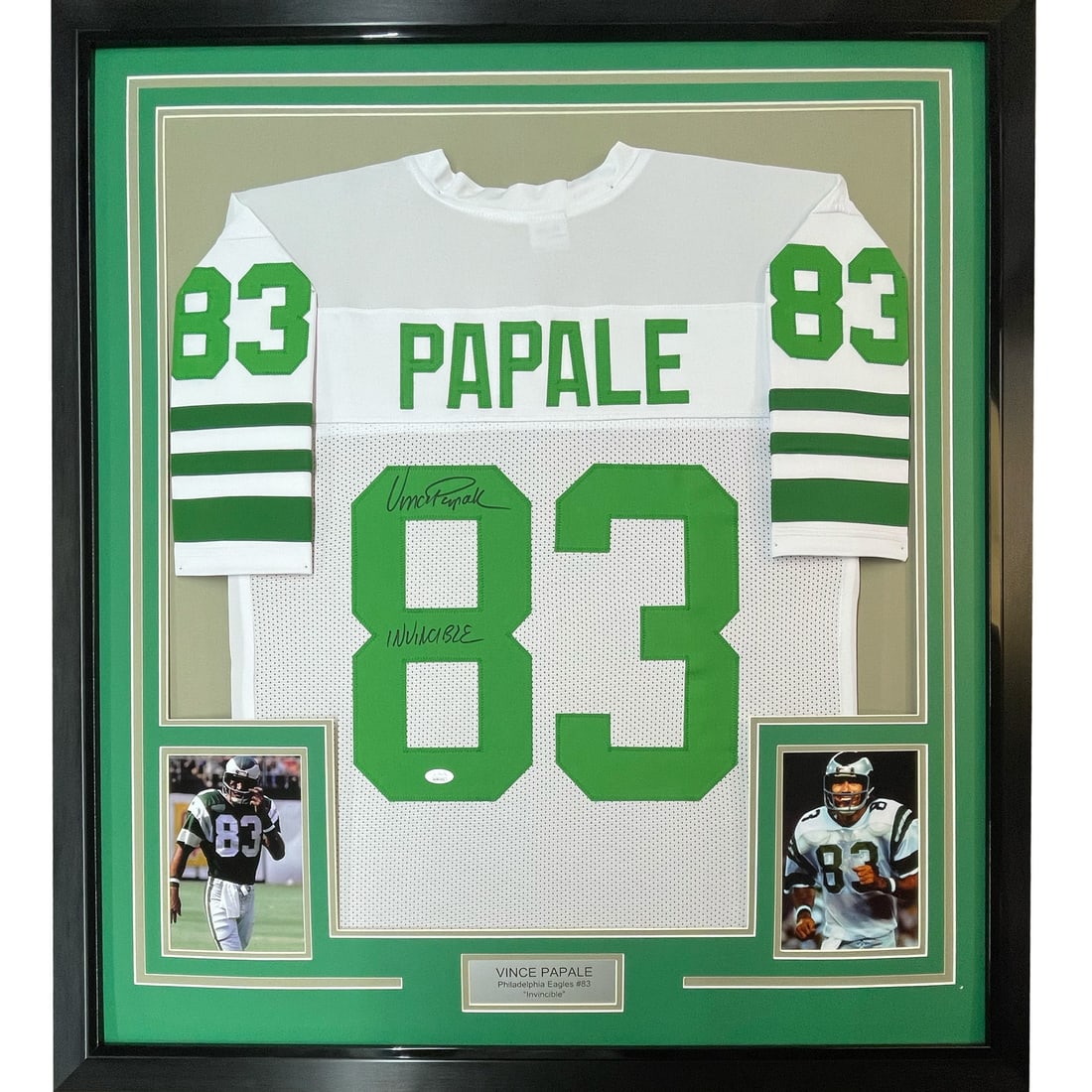 Framed Autographed Vince Papale Philadelphia Eagles Jersey with JSA COA: Framed Autographed Vince Papale Philadelphia Eagles Jersey with JSA COA Showcase your Philadelphia Eagles pride with this professionally framed and autographed Vince Papale jersey. This exquisite whit