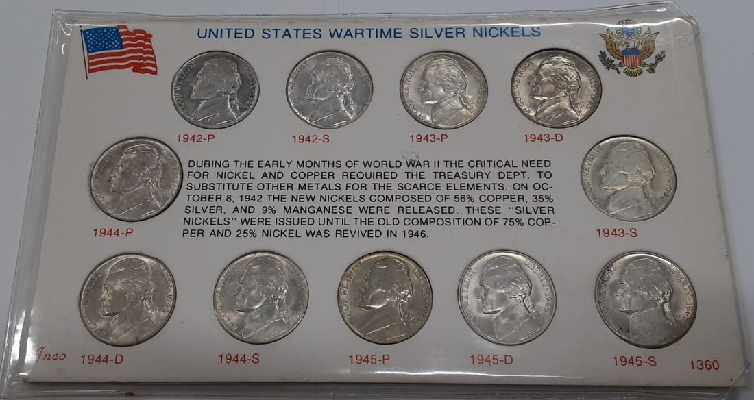 Set of 11 Silver Jefferson War Nickels 1942-1945 in Informational Display: Set of 11 Silver Jefferson War Nickels 1942-1945 in Informational Display This set features 11 Jefferson Silver War Nickels minted between 1942 and 1945, each composed of 35% silver. Most coins in the