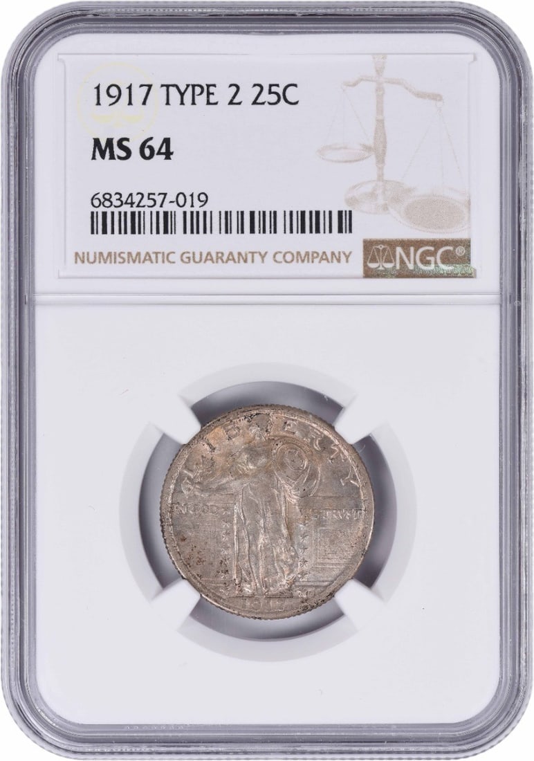 NGC MS64 1917 Standing Liberty Type 2 Silver 25C: NGC MS64 1917 Standing Liberty Type 2 Silver 25C 1917 Standing Liberty Type 2 silver quarter graded MS64 by NGC. This uncirculated United States 25C coin is a pre-owned example of the Standing Liberty