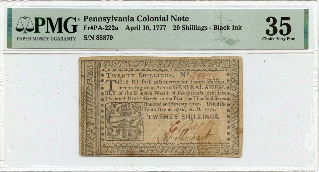 1777 Pennsylvania Colonial Note 20 Shillings FR#PA-222a PMG VF35: 1777 Pennsylvania Colonial Note 20 Shillings FR#PA-222a PMG VF35 This is a historical 20 Shillings Pennsylvania Colonial Note dated April 10, 1777. Certified by PMG with a grade of VF35, it reflects a