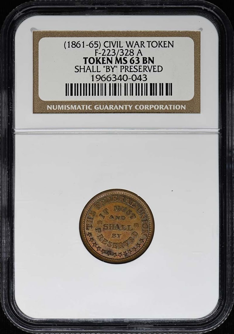 1861 Civil War Federal Union Token F-223 328a NGC MS63BN: 1861 Civil War Federal Union Token F-223 328a NGC MS63BN 1861 Civil War F-223/328 a The Federal Union token graded NGC MS63BN. This pre-owned piece is listed as uncirculated. Specifications Item Type: