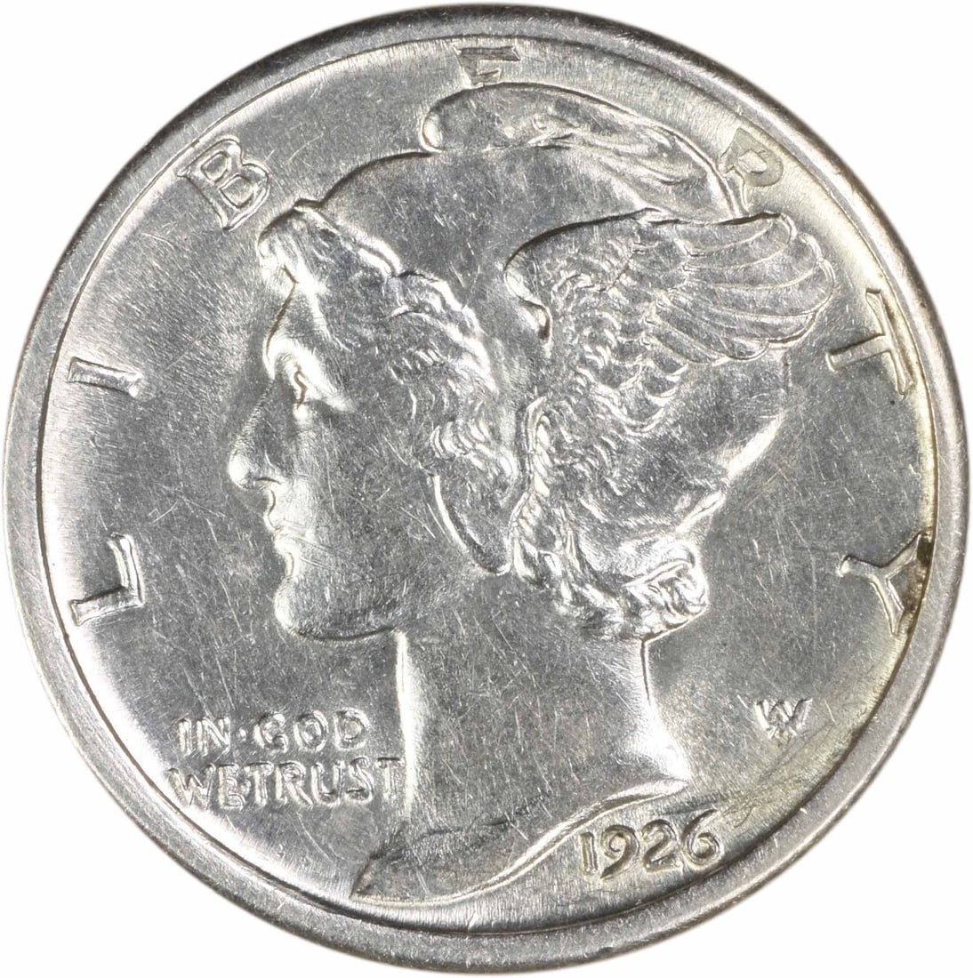 Uncertified 1926 D Mercury 10C Silver Dime Uncirculated: Uncertified 1926 D Mercury 10C Silver Dime Uncirculated 1926-D Mercury silver dime offered in uncirculated, pre-owned condition. This uncertified 10C United States coin is identified as KM 140 and gra