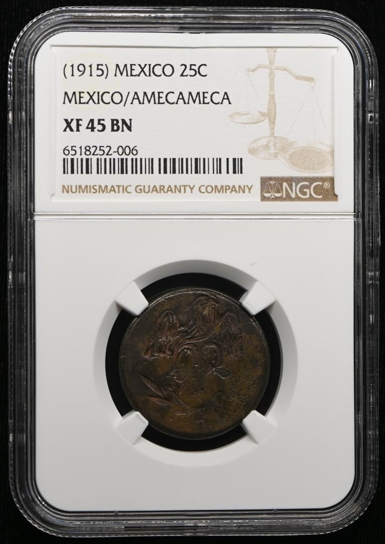 Mexico Amecameca KM-685 25C Coin NGC XF45BN: Mexico Amecameca KM-685 25C Coin NGC XF45BN Pre-owned circulated Mexico 25 centavos coin from Amecameca, certified by NGC and graded XF45BN. This undated issue is identified as KM-685. Specifications 