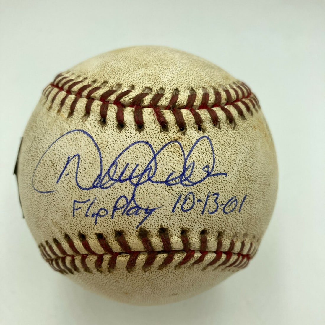 Derek Jeter Signed Game Used Baseball Historic Flip Play 2001 JSA: Derek Jeter Signed Game Used Baseball Historic Flip Play 2001 JSA This historic baseball commemorates Derek Jeter's iconic "Flip Play" during the 2001 ALDS Game 3, a pivotal moment in MLB history. Gam