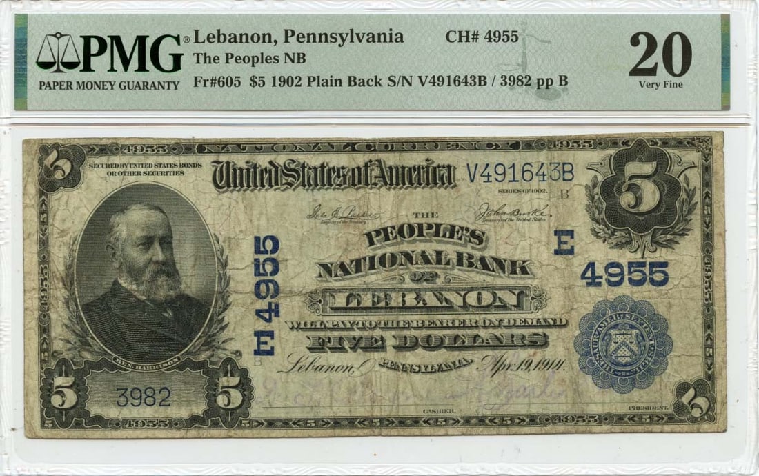 1902 $5 Peoples National Bank Lebanon PA PMG VF20 Currency Note: 1902 $5 Peoples National Bank Lebanon PA PMG VF20 Currency Note This is a 1902 $5 note from the Peoples National Bank of Lebanon, Pennsylvania, designated with charter number 4955. The note is graded 