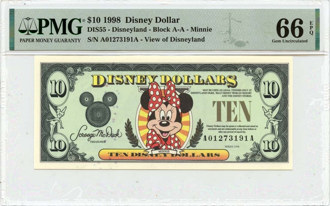 1998 Disneyland Minnie $10 Disney Dollar PMG 66 EPQ (1 of 2)