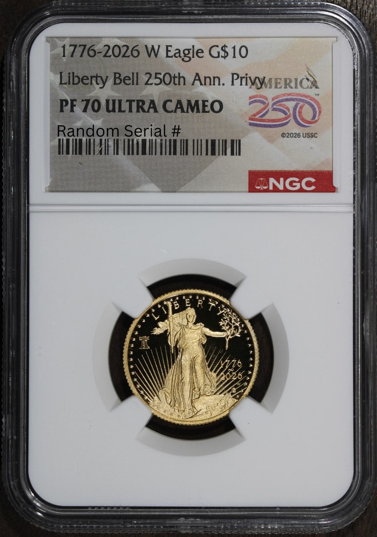 NGC PR70 2026 W $10 Proof American Gold Eagle 1/4 oz Dual Date: NGC PR70 2026 W $10 Proof American Gold Eagle 1/4 oz Dual Date Proof American Gold Eagle coin with dual date 1776-2026, graded PF70 by NGC. This pre-owned 1/4 oz gold coin was struck by the United Sta