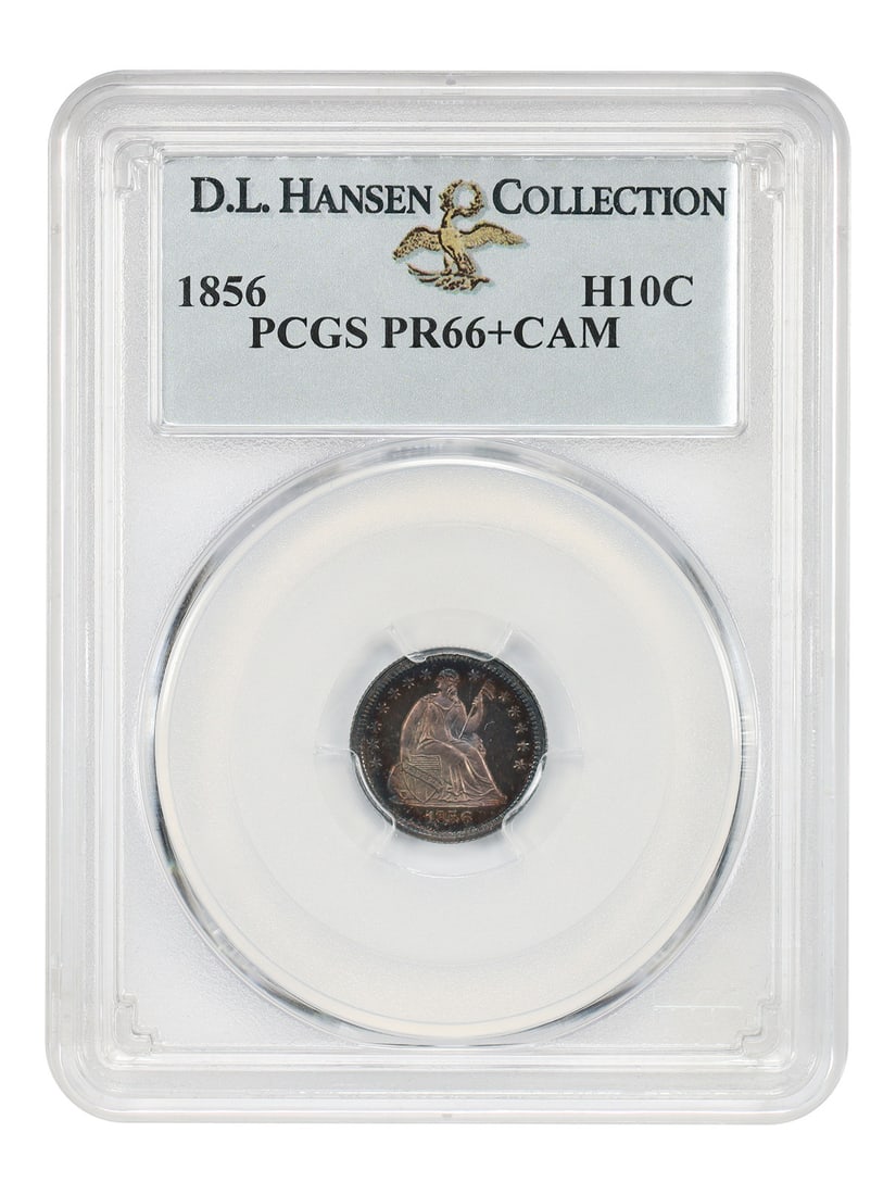 PCGS PR66+CAM 1856 Liberty Seated Half Dime ex D.L. Hansen: PCGS PR66+CAM 1856 Liberty Seated Half Dime ex D.L. Hansen 1856 Liberty Seated Half Dime certified by PCGS as PR66+CAM. The year 1856 represents an expansion in proof coinage, and although mintage fig