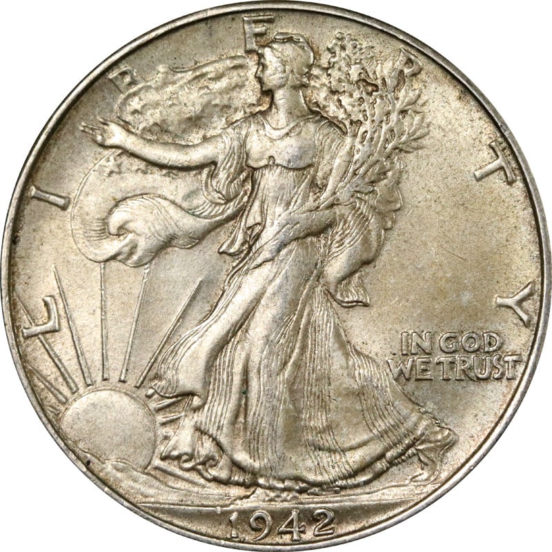 1942 Philadelphia Silver Half Dollar Doubled Die Reverse Variety: 1942 Philadelphia Silver Half Dollar Doubled Die Reverse Variety This is a 1942-P Walking Liberty Half Dollar featuring a doubled die reverse. The coin is circulated and has a silver composition with 