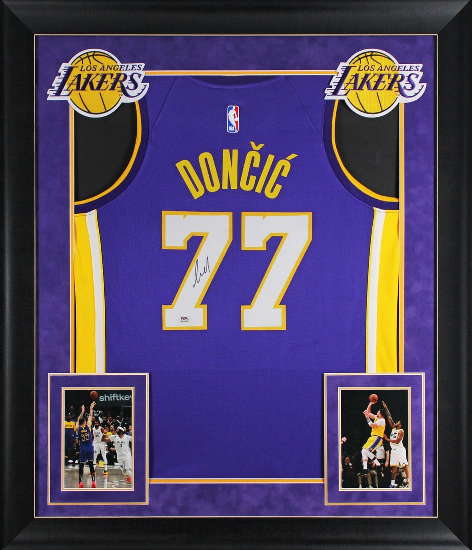 Framed Purple Nike Swingman Jersey Signed by Luka Doncic PSA DNA: Framed Purple Nike Swingman Jersey Signed by Luka Doncic PSA DNA Framed purple Nike Swingman jersey signed by Luka Doncic of the Los Angeles Lakers. This original autographed piece includes PSA/DNA au