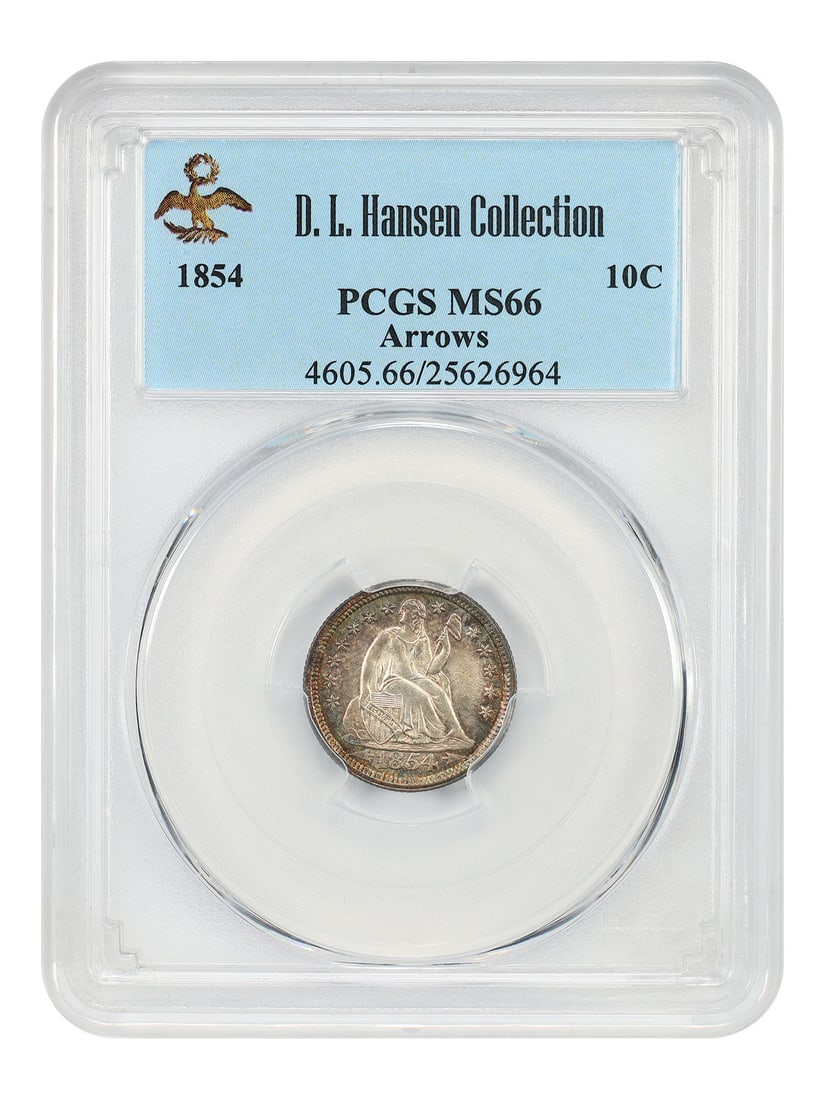1854 Liberty Seated Dime 10C PCGS MS66 Arrows ex D.L. Hansen: 1854 Liberty Seated Dime 10C PCGS MS66 Arrows ex D.L. Hansen 1854 Liberty Seated Dime, Arrows, certified by PCGS as MS66. This uncirculated example is an ex: D.L. Hansen coin with warm rainbow toning 