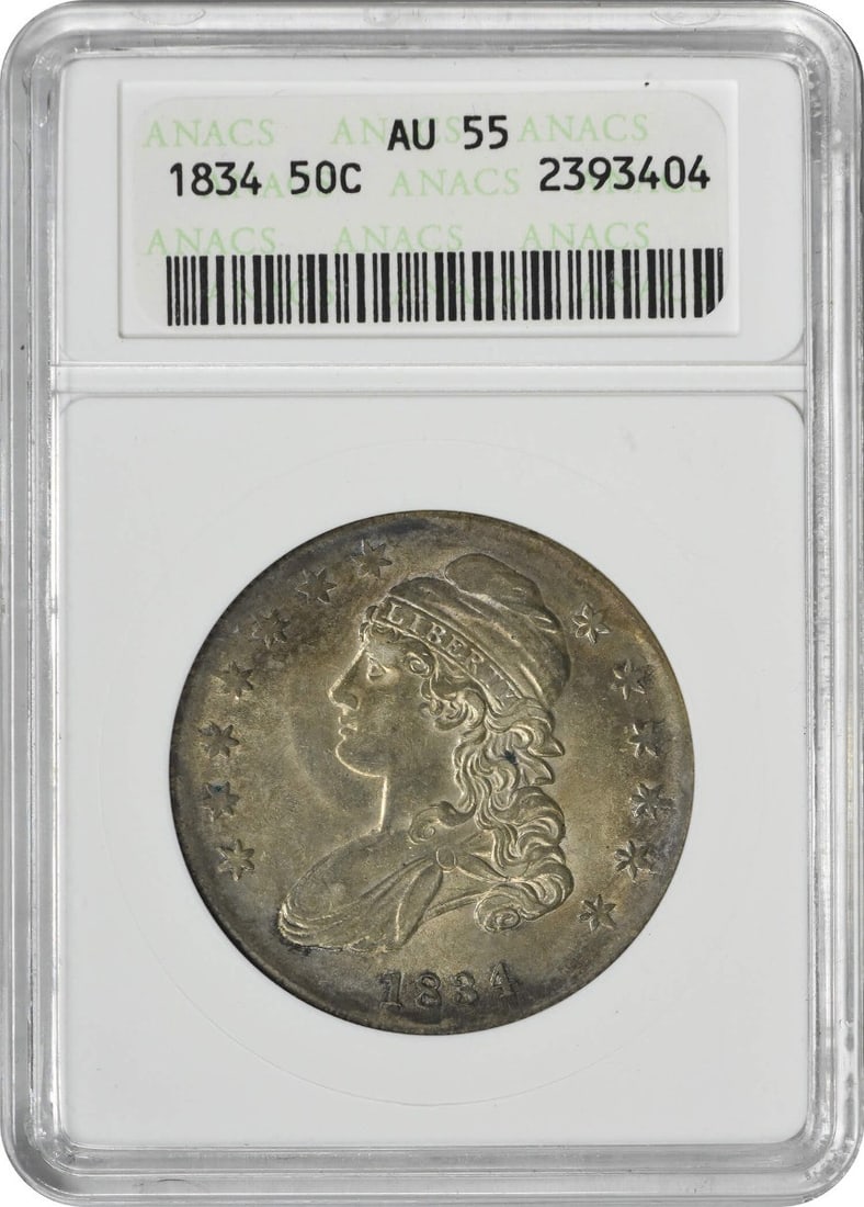 1834 Bust Half Dollar Small Date ANACS AU55 Philadelphia Silver Coin: 1834 Bust Half Dollar Small Date ANACS AU55 Philadelphia Silver Coin This 1834 Bust Half Dollar features the small date and small letters design, certified by ANACS with a grade of AU55. Minted in Phi