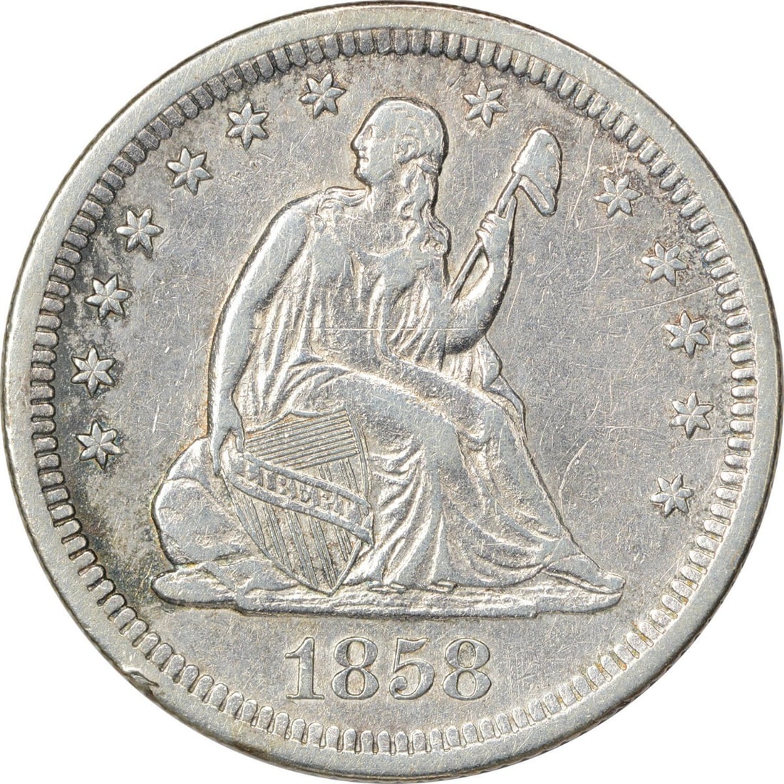 United States 1858-S Seated Liberty 25C Silver Quarter EF Uncertified: United States 1858-S Seated Liberty 25C Silver Quarter EF Uncertified 1858-S Liberty Seated silver quarter, a circulated pre-owned United States 25C coin. This uncertified example is listed in EF grad