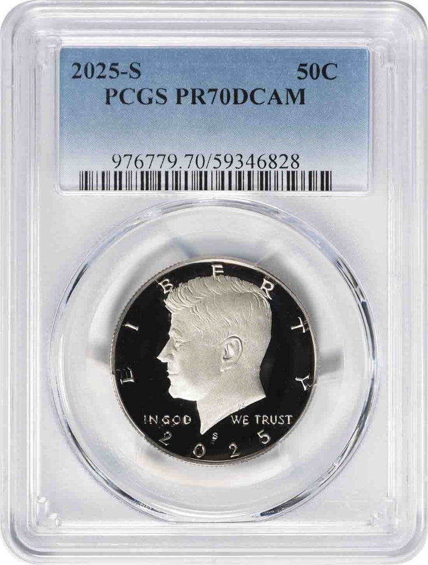 PCGS PR70DCAM 2025-S Kennedy Clad Half Dollar Proof: PCGS PR70DCAM 2025-S Kennedy Clad Half Dollar Proof This is a 2025-S Kennedy Half Dollar, struck in clad composition and graded PR70DCAM by PCGS. The coin features a proof strike and bears the "S" min