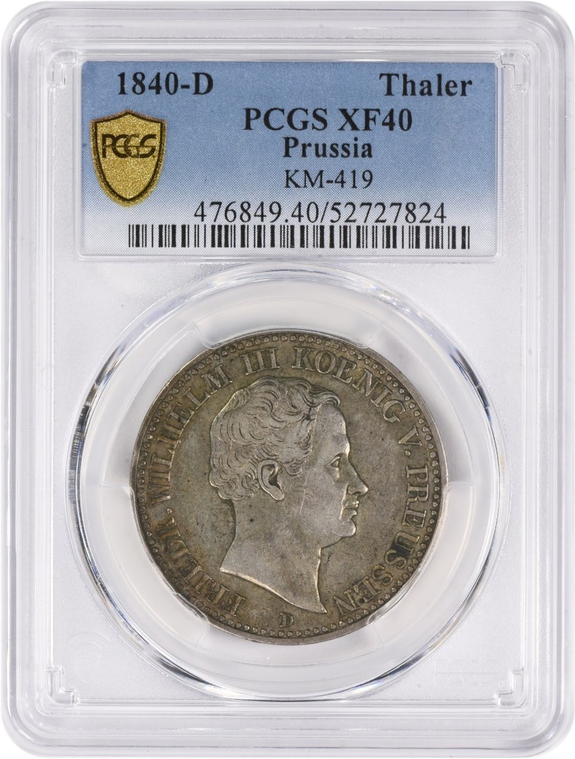 1840-D Prussia 1 Thaler KM419 Silver Coin PCGS Certified: 1840-D Prussia 1 Thaler KM419 Silver Coin PCGS Certified This 1840-D German States - Prussia 1 Thaler (KM419) is a remarkable piece of history, certified by PCGS. Struck in silver, this coin is graded