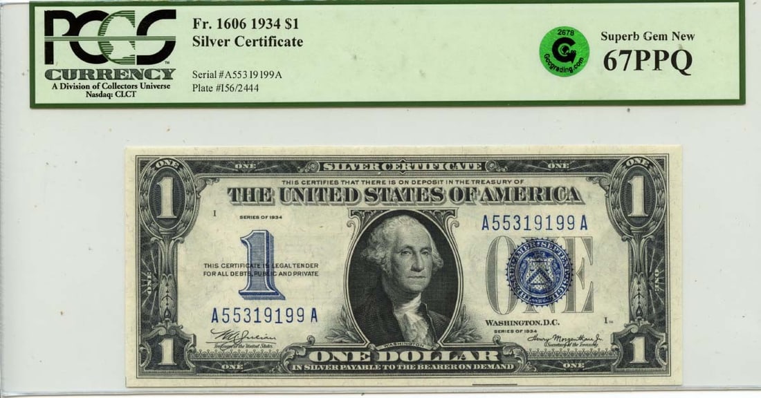 1934 United States $1 Silver Certificate PCGS 67 PPQ Fr 1606 GCC Green: 1934 United States $1 Silver Certificate PCGS 67 PPQ Fr 1606 GCC Green 1934 $1 Silver Certificate graded PCGS Superb Gem 67 PPQ. This pre-owned note is listed as uncirculated and is a certified exampl